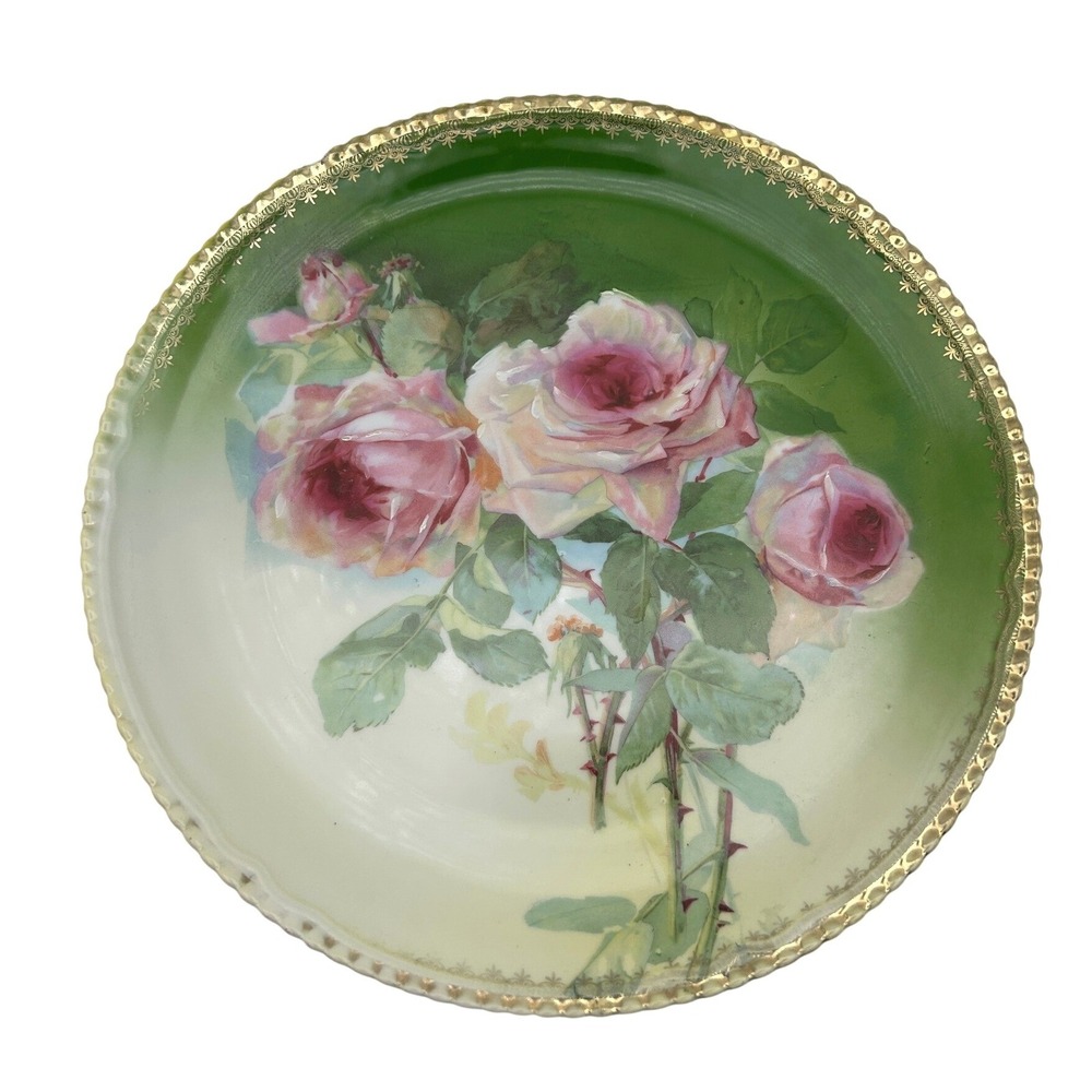 Antique Porzellanfabrik Moschendorf Hand Painted Rose Cabinet Plate 12" Green